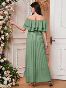 SHEIN Elegant Maternity Off-The-Shoulder Ruffle Dress, Fancy Party/Date Outfit With Bowknot - Green - View 2