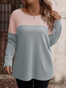 INAWLY Women Plus Size Crew Neck Long Sleeve Color Block T-Shirt With Button Decor, Plaid Texture Fabric, Autumn/Winter Graphic Tees Women Tops For Spring - Multicolor - View 6