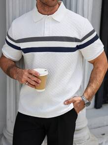 Manfinity Homme Plus Size Men's Casual Patchwork Stripe Textured Short Sleeve Polo Shirt, Summer