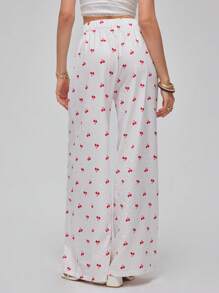 Roylia Women's Minimalist Cherry Print Wide Leg Pants With Side Pockets And Elastic Waist, Versatile Fall Cloth For Women - White - View 2