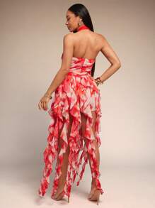 Vixey Large Floral Chiffon Front Cut Out Halter Neck Ruffle Hem Maxi Top, Wedding Guest Dress Women, Tea Party Dress