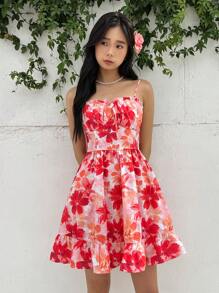 SHEIN Leap Crew Teen Girl Casual Floral Pattern Backless Drawstring Waist Mini Dress, Comfortable & Minimalist - Hot Pink - View 4