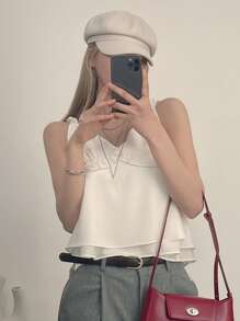 DAZY Débardeur femme avec volants, bretelles spaghetti, top babydoll, tops preppy