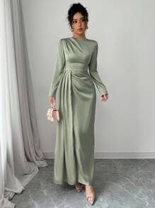 Elenzga Vestido largo de mujer elegante de satén liso con hombros fruncidos, manga larga y abertura lateral - Atuendo de mujer