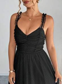 Elenzga Plus Size Women Polka Dot Embroidered Ruffle Strap Backless Elegant Black Dress, Suitable For Party, Banquet, Commuting - Black - View 5