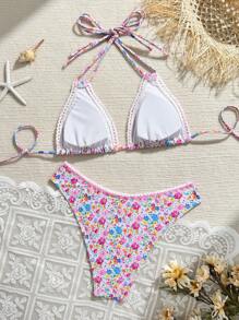 Swim Mod Women's Summer Beach New Random Print Tankini 2 Pieces Swimwear Bikini With Floral Print Trim