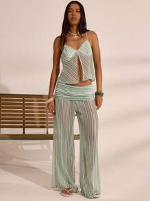 MUSERA Stripe Fold Over Low Waist Wide Leg Trousers Summer Vacation Boho Ibiza Elegant Beach Cute The Beach House Holiday - Multicolor - View 1