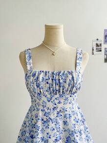 Soleia 女士节日黄玫瑰碎花细肩带多层蛋糕迷你连衣裙，适合下午茶和婚礼季节的休闲长裙