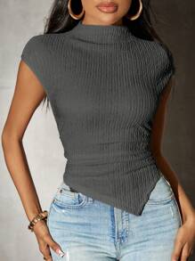 SHEIN SXY Áo thun dệt kim viền bất đối xứng màu trơn mùa xuân cho nữ Áo thun cổ cao có gân màu xám - Xám - Xem 7