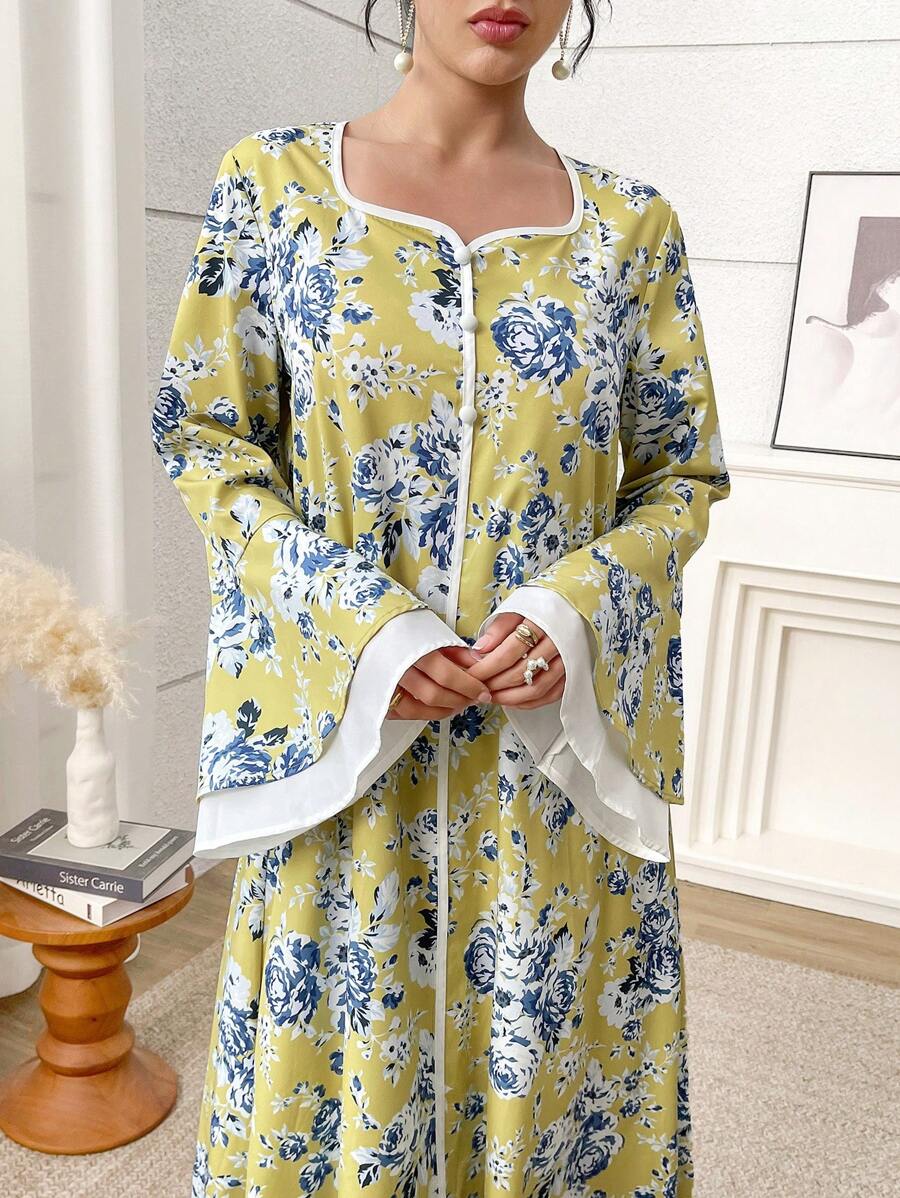 Al Najma Women's Floral Print Square Collar Flare Sleeve Elegant Arabic Midi Dress, Modest Kaftan - Yellow - View 1