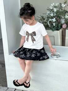 SHEIN 年轻女孩休闲街头风格豹纹蝴蝶结 T 恤和豹纹蝴蝶结迷你裙 2 件套 - 白色 - 查看 4