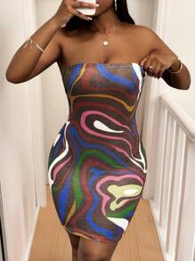 Slaydiva Women's Chic Rainbow Wave Print Tube Top Mini Sweater Dress,Brown And Pink Autumn Sleeveless Hip Skirt,Leisure Vacation Club Night Bodycon - Multicolor - View 3
