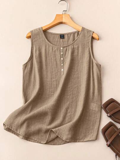 EMERY ROSE 女式纯色纽扣装饰圆领休闲宽松背心
