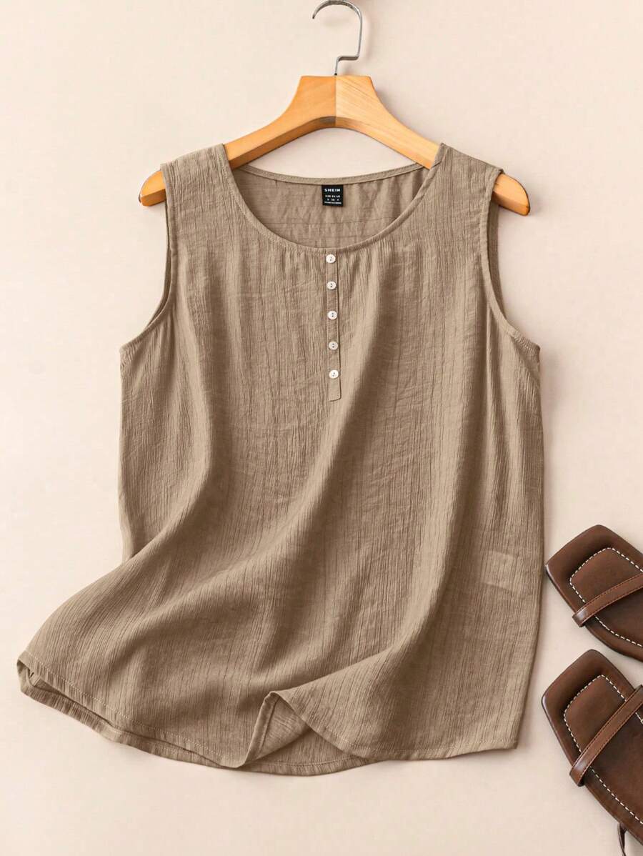 EMERY ROSE Women Solid Color Button Decor Round Neck Casual Loose Fit Tank Top - Khaki - View 1