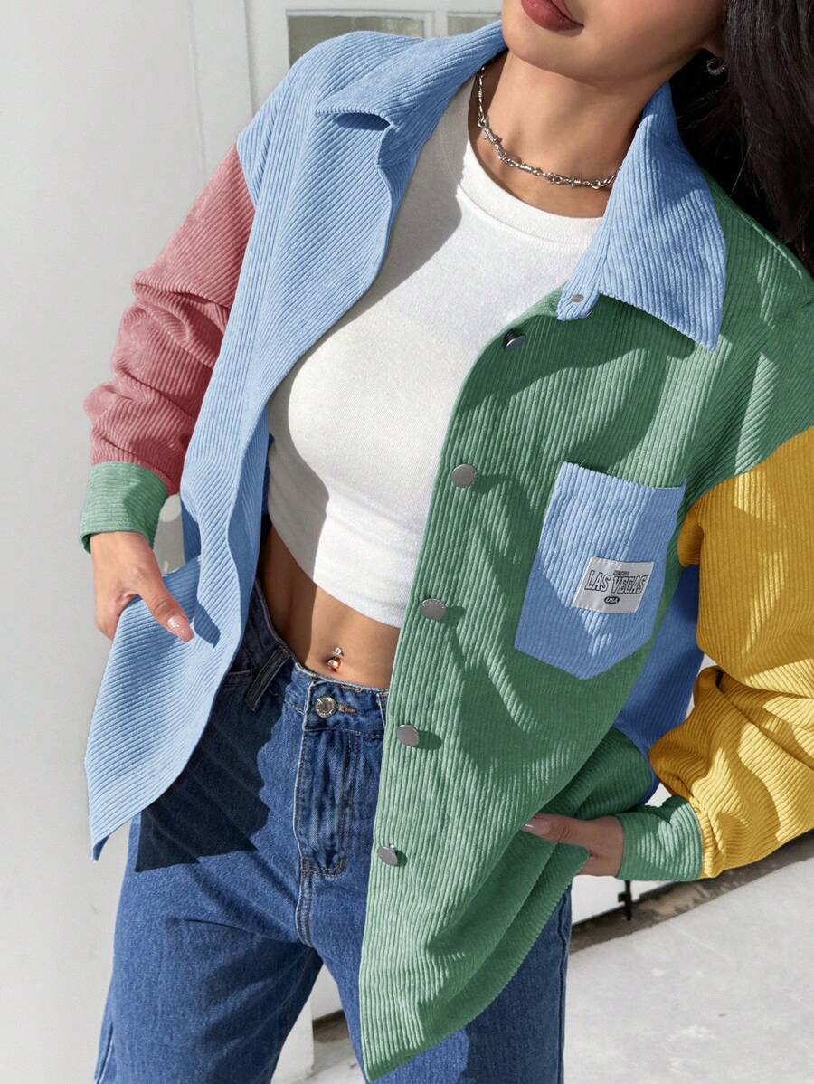 Solflare Plus Size Women's Letter Print Contrast Color Single-Breasted Shacket In Fall/Winter - Blue - View 1