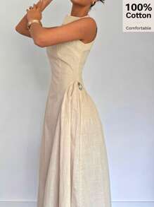 Siren Gaze 100%纯棉女士新款金属扣装饰纯色连衣裙女士正式连衣裙女士春季连衣裙女士服装女士工作服、母亲节服装、女士婚礼宾客服装、蜜月服装、女士教堂服装、优雅连衣裙、女士端庄连衣裙、度假连衣裙、奶油黄连衣裙 - 杏色 - 查看 7