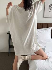 DAZY Simple Solid Color Loose V-Neck T-Shirt Nightgown Pajama