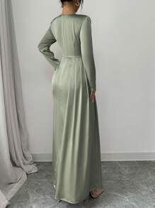 Elenzga Vestido largo de mujer elegante de satén liso con hombros fruncidos, manga larga y abertura lateral - Atuendo de mujer