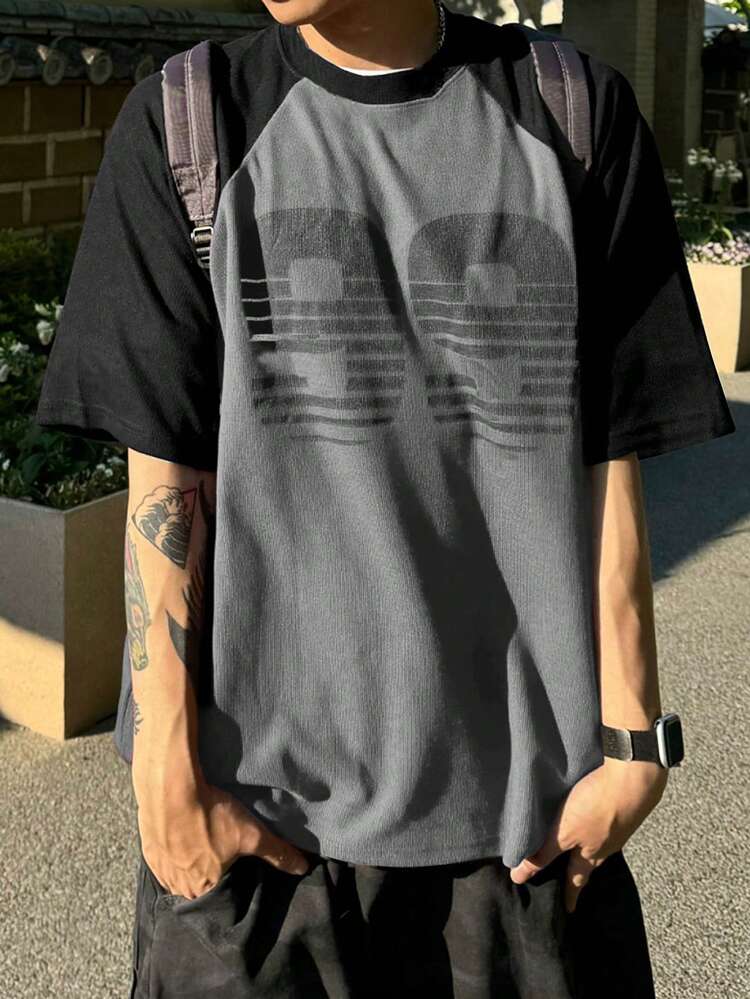 Men's Black & Red Contrast Number Print T-Shirt,Fall Clothes