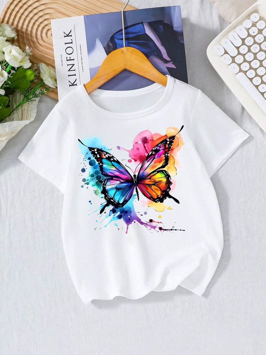 Sparklyn Áo thun tay ngắn in hình bướm giản dị cho bé gái tuổi teen, mùa hè - trắng - Xem 1