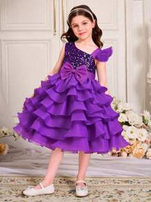 SHEIN Vestido de princesa para niña con detalles de lazos con lentejuelas y velo de tul multicapa