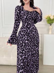 Feyla 女士豹纹甜心领优雅长袖长裙 - 紫色 - 查看 6