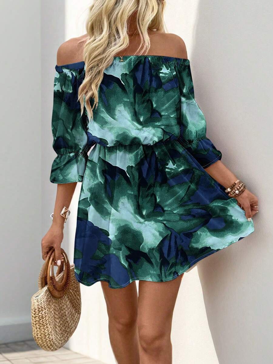 Breezaya 露肩印花连衣裙，配腰带，女士度假海滩装