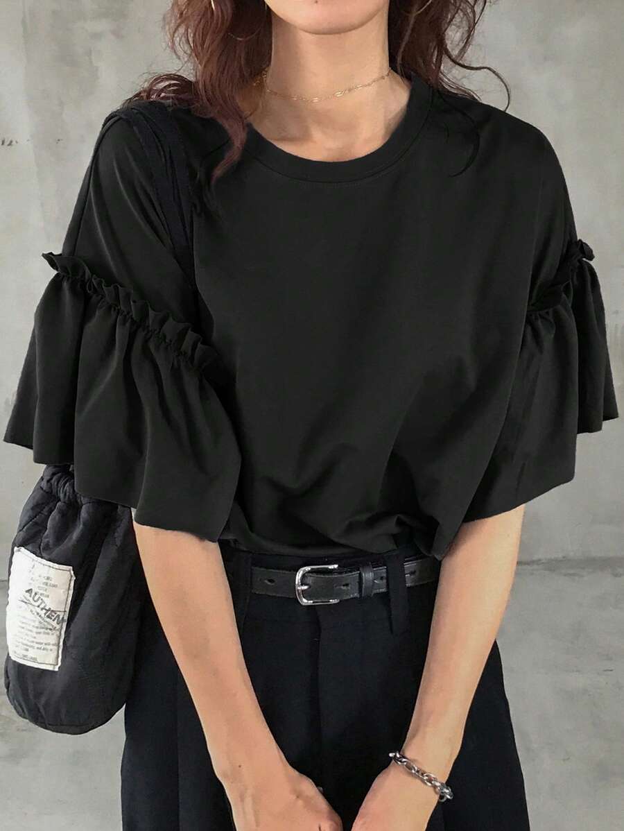 FRIFUL 女士休闲宽松纯色盖袖T恤,夏季服装 - 黑色 - 查看 1