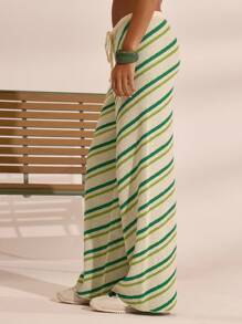 MUSERA 直筒系腰针织条纹毛裤 夏季度假 波西米亚风 伊比沙岛 优雅 海滩 可爱 海滨别墅 假日 夏季 节日 休闲 假期 机场 冬季 日常 - 奶油色 - 查看 3