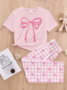 SHEIN Leap Crew 青少年女孩宽松短袖上衣和裤子两件套休闲睡衣套装 - 彩色 - 查看 2