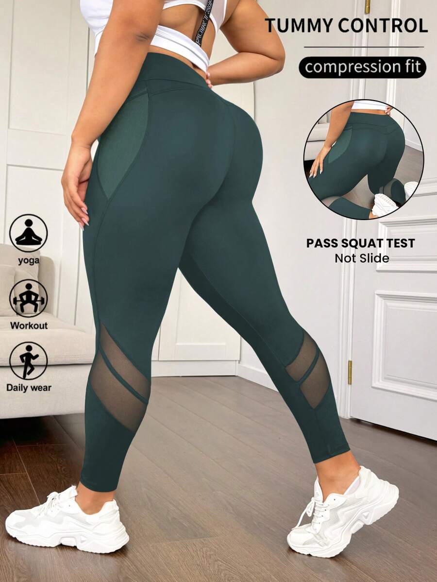 Easithlete Plus Size High Waist Mesh Panel Shaping Leggings With Side Pockets, Tummy Control, Butt Lifting Yoga Women Pants Workout Weight Loss Camouflage - Dark Green - View 1