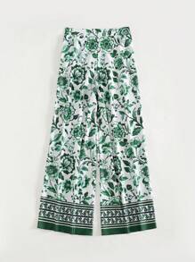 Swim Mulvari Spring Ramadan Burkini Set, Green Retro Print Placement High Waist Wide Leg Bikini Bottom