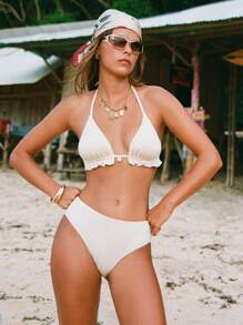 SHEIN Swim Vacation Style Drawstring Floral Trim Women's Swimsuit Set - Apricot - View 1