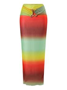 Swim Oasis Orange 2-Piece Beach Resort Swimsuit Set For Women:Hollow Out Shoulder Mesh Cover Up Long Skirt & Random Print Swimwear,Summer,Casual,Vacation,Holiday - Multicolor - View 5