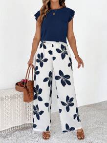 SHEIN Clasi 大码女式纯色圆领盖袖上衣和花卉印花裤套装