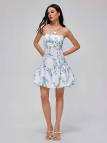 Roylia 无袖花卉印花仿鱼骨抹胸迷你连衣裙 - 白色 - 查看 4