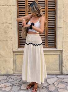 Breezaya Elegant Bohemian Colorblock Wavy Ribbon Layered Cake Skirt For Women, Spring/Summer Vacation