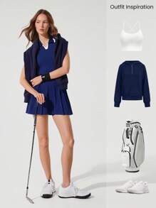 GLOWMODE Vestido tipo polo sin mangas FeatherFit™-Air Ace Flow con bloques de color, bandas antideslizantes, bolsillos laterales, copas desmontables, apto para tenis, golf, pickleball, uso casual y de bajo impacto diario - Dark Blue - Ver 8
