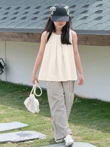 Dazy Kids 两件套少女夏季套装：无袖圆领背心 + 条纹梭织长裤，返校季度假装 - 米色 - 查看 4