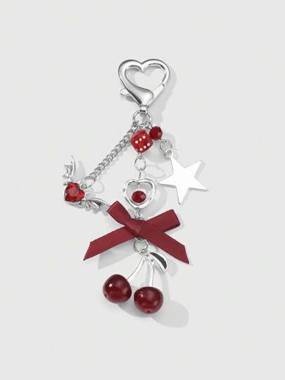 Kawaii 1 pieza Llavero elegante y de alta calidad con cadena de plata, lazo, cristal, alas, corazón y colgante de cereza con estilo Y2K, adecuado para uso diario de mujeres/niñas, regalo para vacaciones