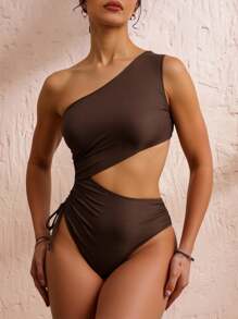 Swim Lushoire Women's Elegant Sexy Hollow Drawstring Waist Slimming Brown Sling One-Piece Swimsuit, Vacation Style For Summer - Mocha Brown - View 3