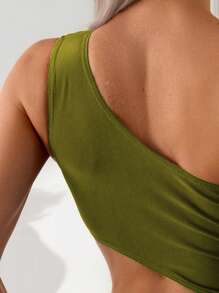 Swim Lushoire Women's Summer Vacation Style Elegant Sexy Hollow Out Drawstring Tummy Control Brown One-Piece Swimsuit - Olive Green - View 6