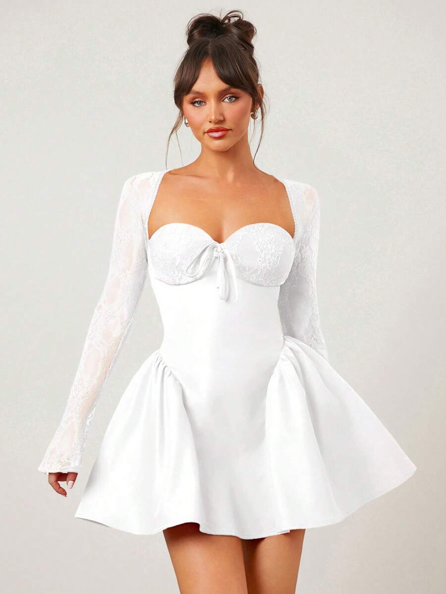 SHEIN SXY 白色裙子拼接蕾丝长袖公主芭蕾裙性感迷你连衣裙