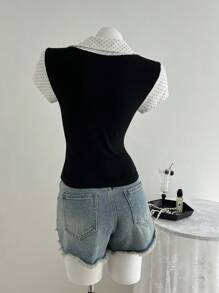 Elamini Women's Round Neck Dot Print Splice Tight Knitted 2 In 1 T-Shirt, Spring/Summer - Black and White - View 2