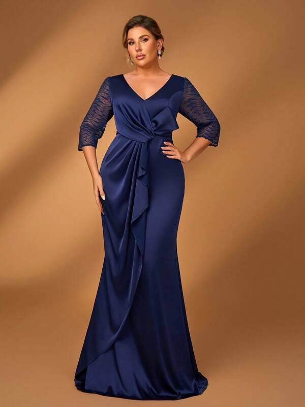 Serin Vestido elegante de encaje con escote en V azul marino para la madre de la novia de talla grande