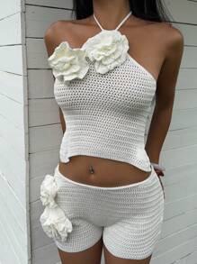 SHEIN EZwear 2件套女士套装：3D花卉装饰无袖针织上衣和针织短裤 - 杏色 - 查看 4