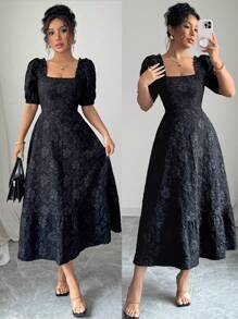 Selianne Váy đi nghỉ chữ A tay loe họa tiết hoa cúc vải jacquard trơn màu cho nữ - màu đen - Xem 7