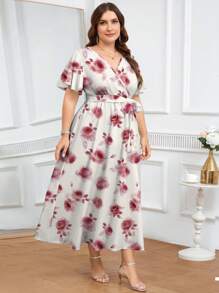 Modelyn Plus Size V-Neck Casual Short Sleeve Dress, Suitable For Summer - Multicolor - View 3