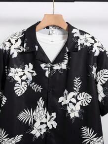 SHEIN Tropical Plant Print Hawaiian Shirt For Teen Boys, Casual College Style, Comfortable & Fashionable, Versatile & Practical, Soft Fabric, Suitable For Daily Wear, School, Travel, Outdoor Activities, Beach Vacation, Spring/Summer - Black - View 4