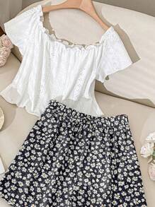 CosyJoli Plus Size Women's Two Pieces Set, Vacation Set, Off-The-Shoulder Top, One-Line Shoulder Top, Mom And Me Clothes, Women's Summer Two Pieces Set, Summer Set,Summer Outfits For Women Vacation Outfits Woman Beach,Spring Break Cute Tops Spring Break Outfits Vacation Two Pieces Set